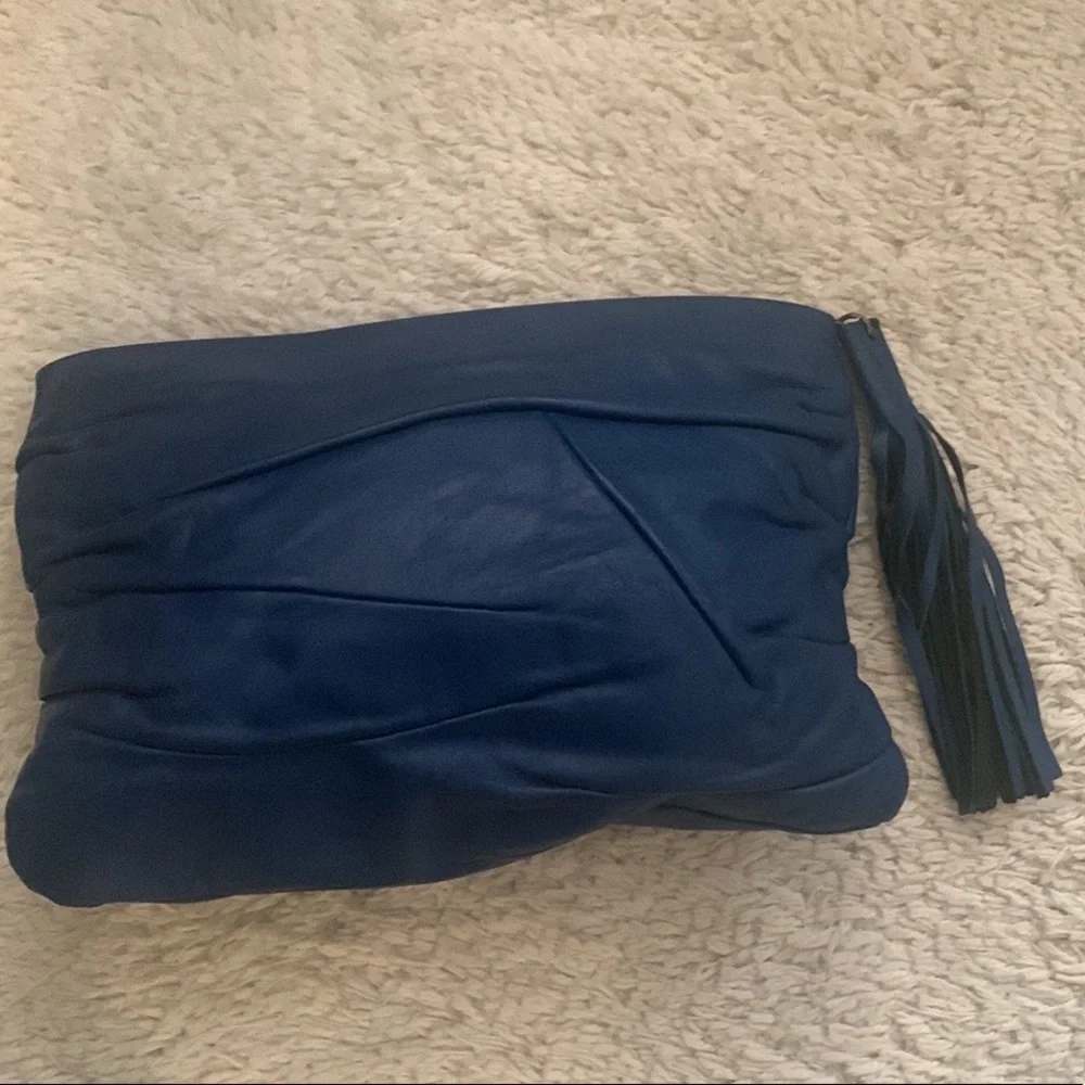 VINTAGE Jumbo Royal Blue Leather Tassel Clutch Purse
